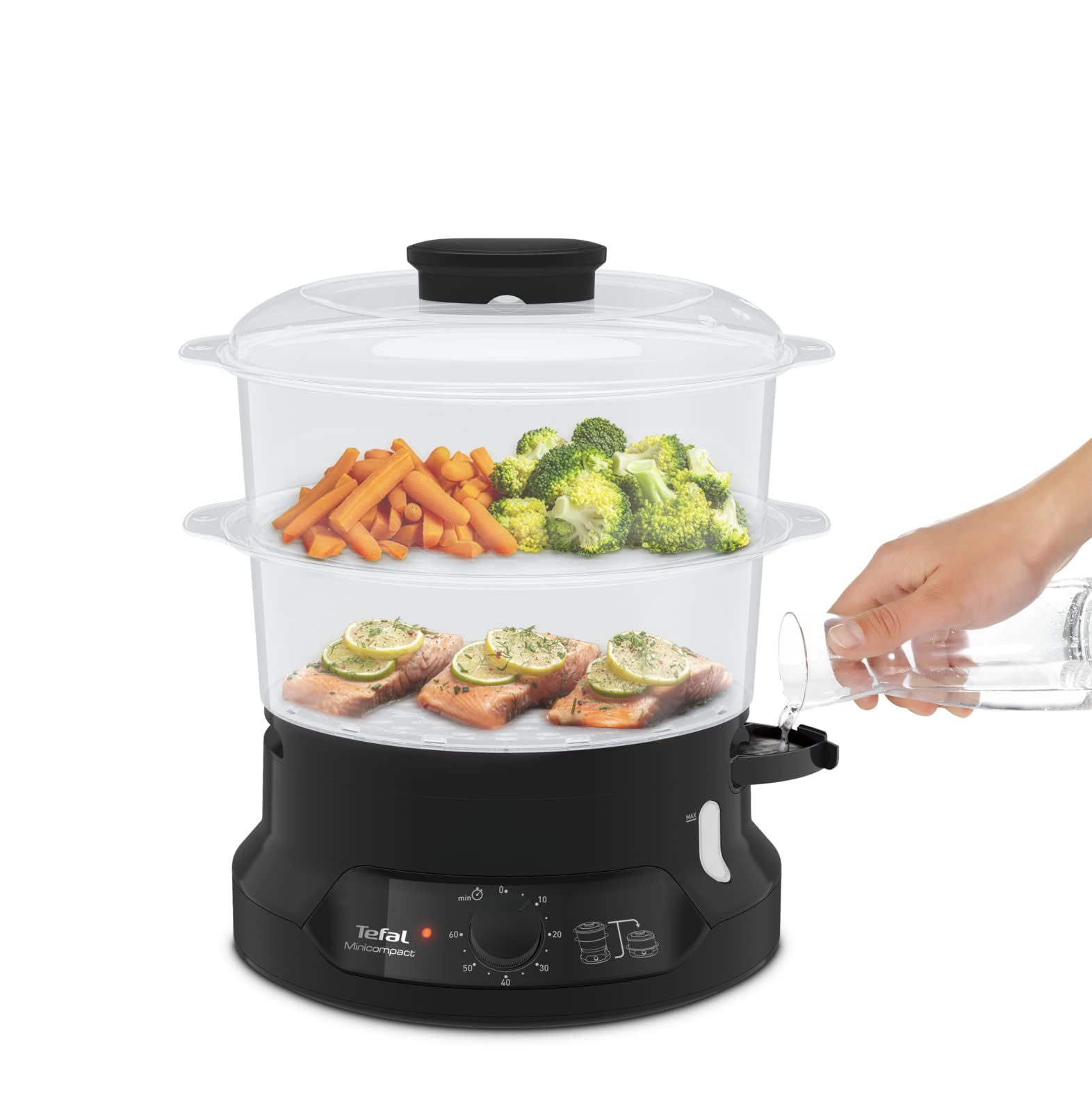 TEFAL STEAM COOKER BLACK , 1 year warranty طباخ بخار ميني كومباكت من تيفال، سعة 800 واط، 2 وعاء، وعاء للارز، اسود TEFAL STEAM COOKER BLACK , 1 year warranty طباخ بخار ميني كومباكت من تيفال، سعة 800 واط، 2 وعاء، وعاء للارز، اسود